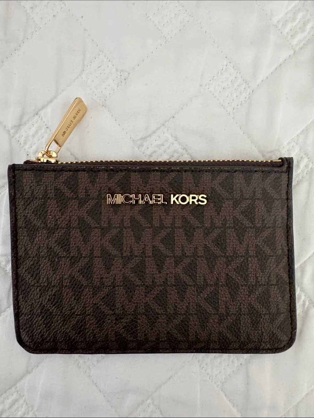Michael Kors Brown Logo Zip Card Pouch with Gold Hardware